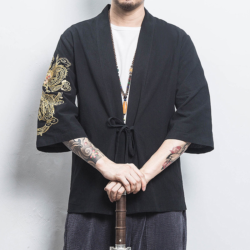 白墙风夏装男士汉服龙刺绣开衫卡其色A032/KS002/50控68,男装衬衫,电商A032