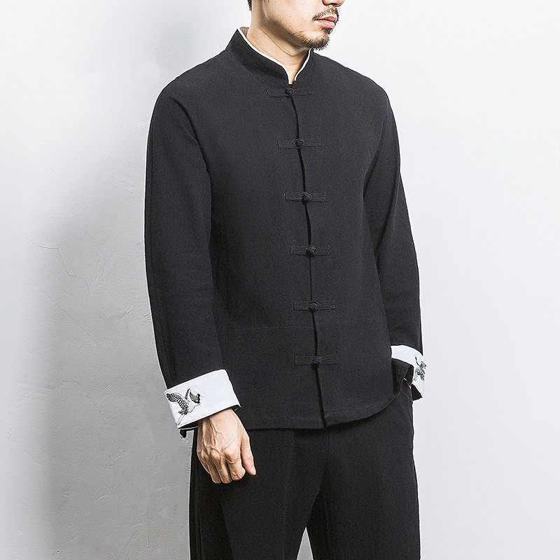 白墙风春装男士袖口鹤刺绣长袖衬衫黑色A032/C23/55控68,男装衬衫,电商A032