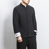 白墙风春装男士袖口鹤刺绣长袖衬衫黑色A032/C23/55控68，男装衬衫，电商A032