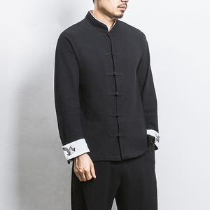 白墙 风春装男士袖口鹤刺绣长袖衬衫黑色  A032/C23/55控68图片
