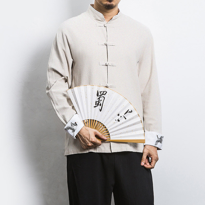 白墙风春装男士袖口鹤刺绣长袖衬衫麻本色A032/C23/55控68,男装衬衫,电商A032