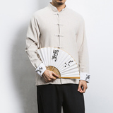 白墙风春装男士袖口鹤刺绣长袖衬衫麻本色A032/C23/55控68，男装衬衫，电商A032