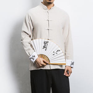 白墙 风春装男士袖口鹤刺绣长袖衬衫麻本色  A032/C23/55控68图片