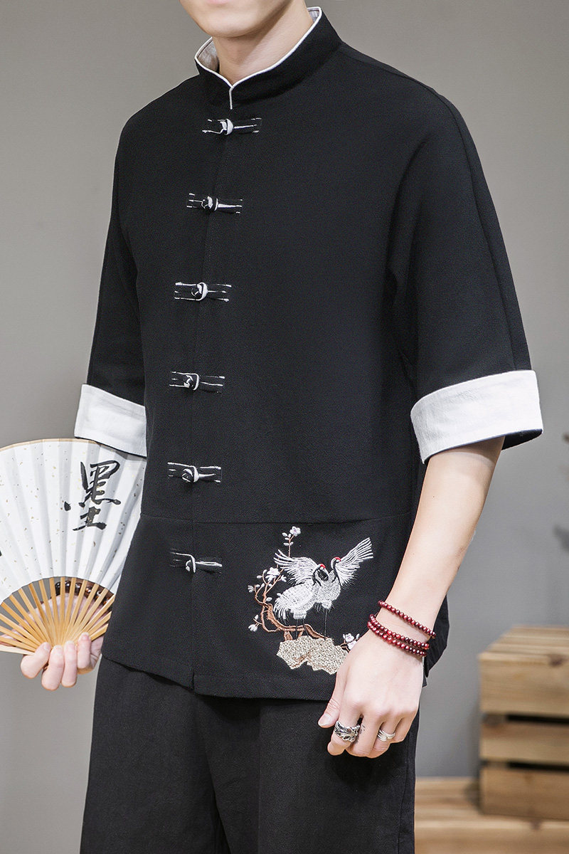 灰墙2022男士撞色扣子复古七分短袖衬衫黑色A032/C62/55控68,男装衬衫,电商A032