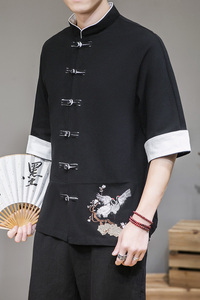 灰墙 2022男士撞色扣子复古七分短袖衬衫黑色 A032/C62/55控68图片