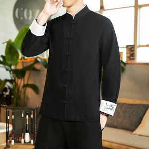 咖啡厅 风春装男士袖口鹤刺绣长袖衬衫黑色 A032/C23/55控68,男装衬衫,电商A032