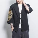 白墙风夏装男士汉服龙刺绣开衫黑色A032/KS002/50控68，男装衬衫，电商A032