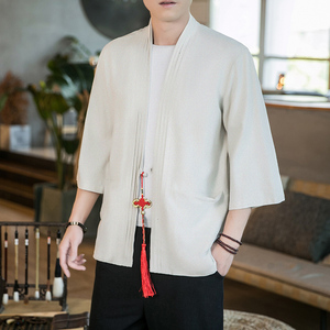 咖啡厅夏季风纯色汉服开衫 藏青七分袖铜钱道袍A032/KS006/60图片