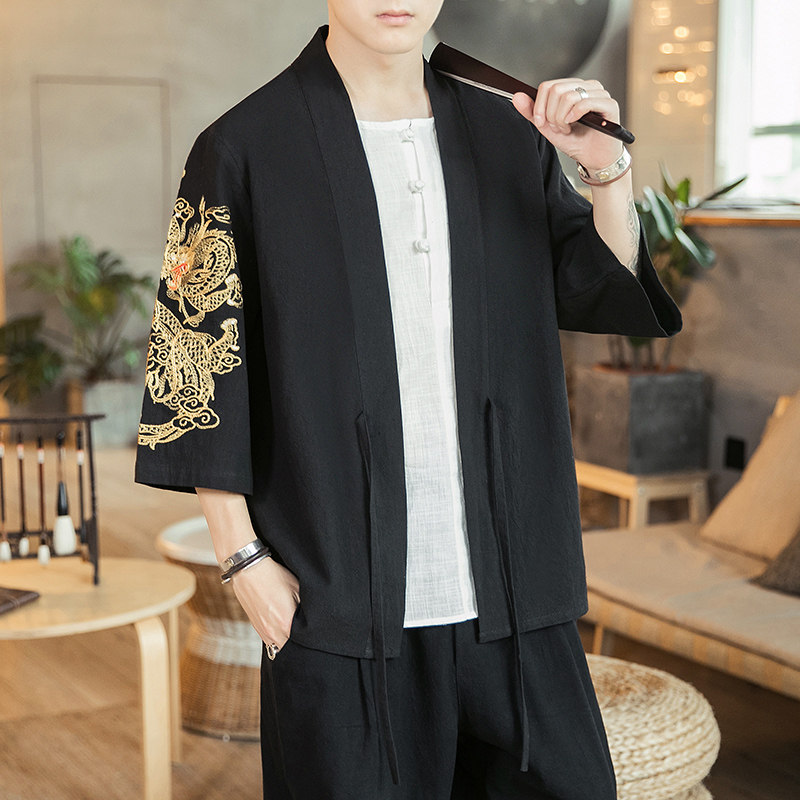 咖啡厅 风夏装男士汉服龙刺绣开衫黑色A032/KS002/50控68图片