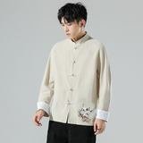 无影墙风春装男士衣脚鹤刺绣长袖衬衫麻本色A032/C25/65控78，男装衬衫，电商A032