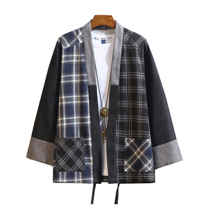 咖啡厅 夏装风拼接撞色格子开衫汉服T恤男A032/1822/特P40图片