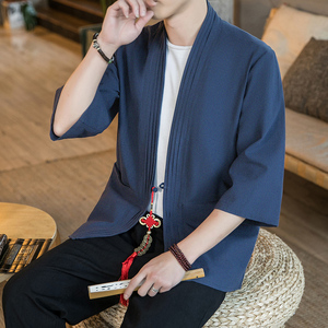 咖啡厅夏季风纯色汉服开衫 藏青七分袖铜钱道袍A032/KS006/60图片