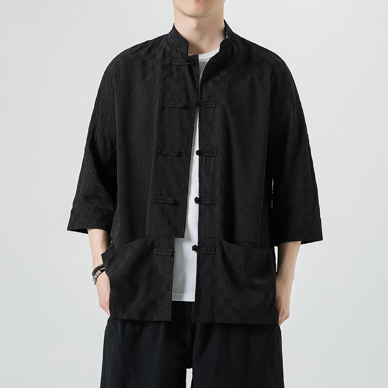 无影墙黑色2024新款夏季男士复古冰丝大码风衬衫A032/C70/75,男装衬衫,电商A032