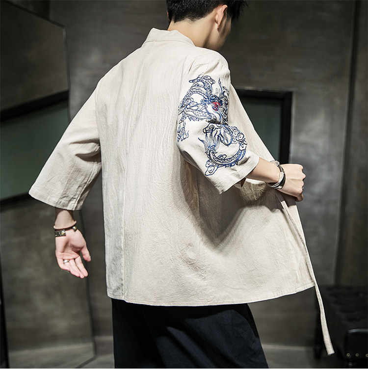 W基地风夏装男士汉服龙刺绣开衫卡其色A032/KS002/50控68,男装衬衫,电商A032