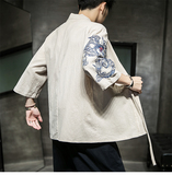 W基地风夏装男士汉服龙刺绣开衫卡其色A032/KS002/50控68，男装衬衫，电商A032