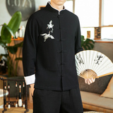 咖啡厅风春装男士胸前鹤刺绣长袖衬衫黑色A032/C22/55控68，男装衬衫，电商A032