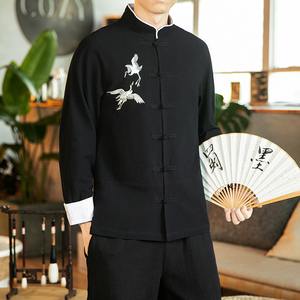 咖啡厅风春装男士胸前鹤刺绣长袖衬衫黑色A032/C22/55控68