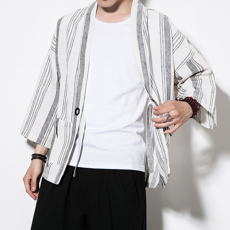 白墙夏装风男士条纹开衫T恤白色条纹汉服A032/1816/特P50,男装衬衫,电商A032