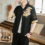 咖啡厅风春装男士胸前龙刺绣短袖衬衫黑色A032/C68/55控68，男装衬衫，电商A032