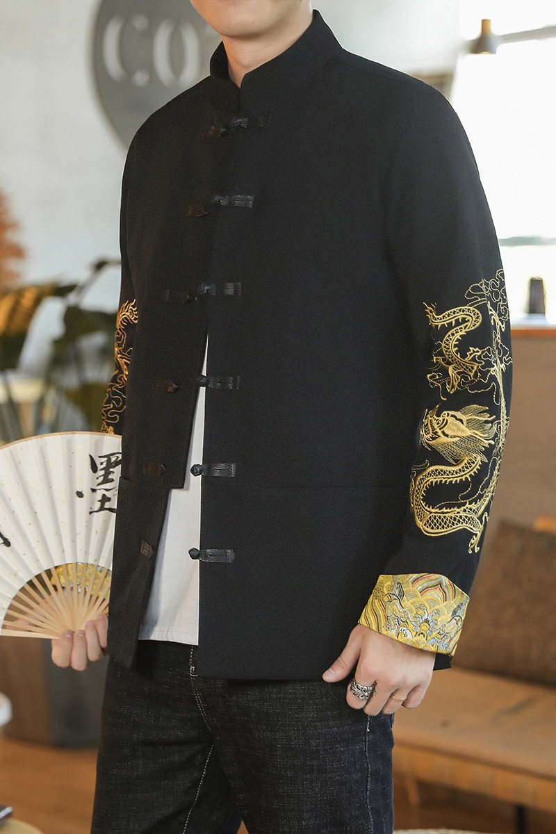 咖啡厅风春装夹克立领盘扣翻袖龙凤刺绣外套A032/JK152/100,男装夹克,电商A032