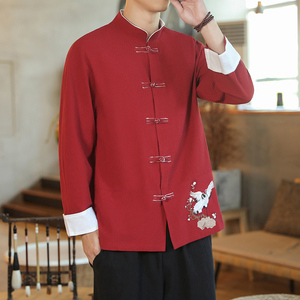 咖啡厅 风春装男士衣脚鹤刺绣长袖衬衫红A032/C25/65控78图片