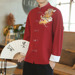 咖啡厅 风春装男士胸前龙刺绣长袖衬衫红A032/C26/65控78图片
