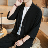 咖啡厅风夏装七分袖开衫纯色汉服衬衣黑色A032/1821/特P40，男装衬衫，电商A032
