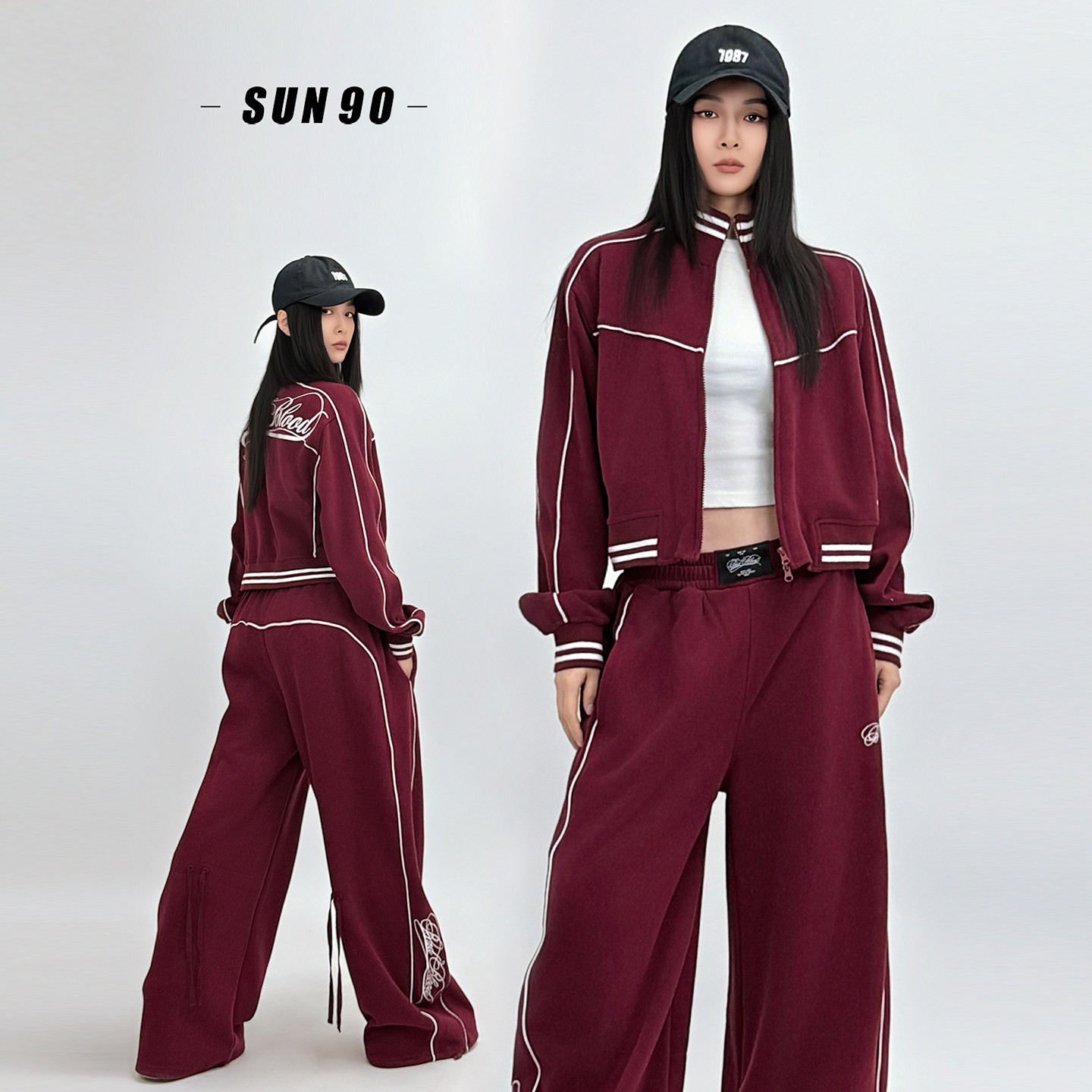 SUN90 美式复古酒红色运动套装女本命年拉链夹克阔腿裤穿搭两件套,女装/女士精品,时尚套装,淘宝优惠券,粉丝福利购,淘宝优惠卷