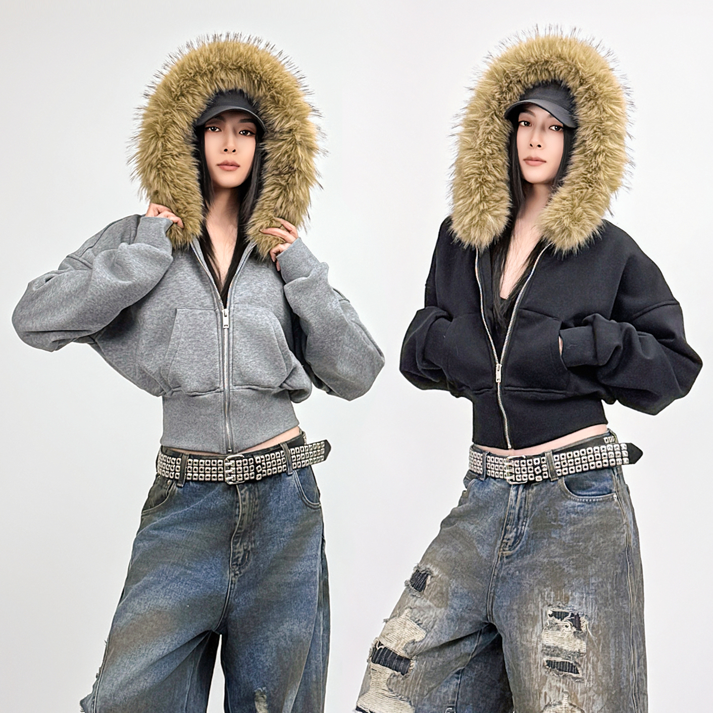 美式复古辣妹风连帽毛领短卫衣