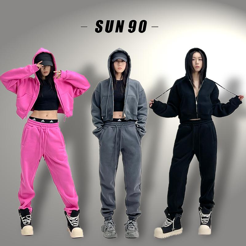 SUN90秋冬卫衣卫裤女美式复古宽松休闲运动两件套玫红色加绒套装