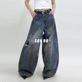 女街头hiphop嘻哈雅痞脏脏拖地男友裤 废土风复古牛仔裤 美式 SUN90