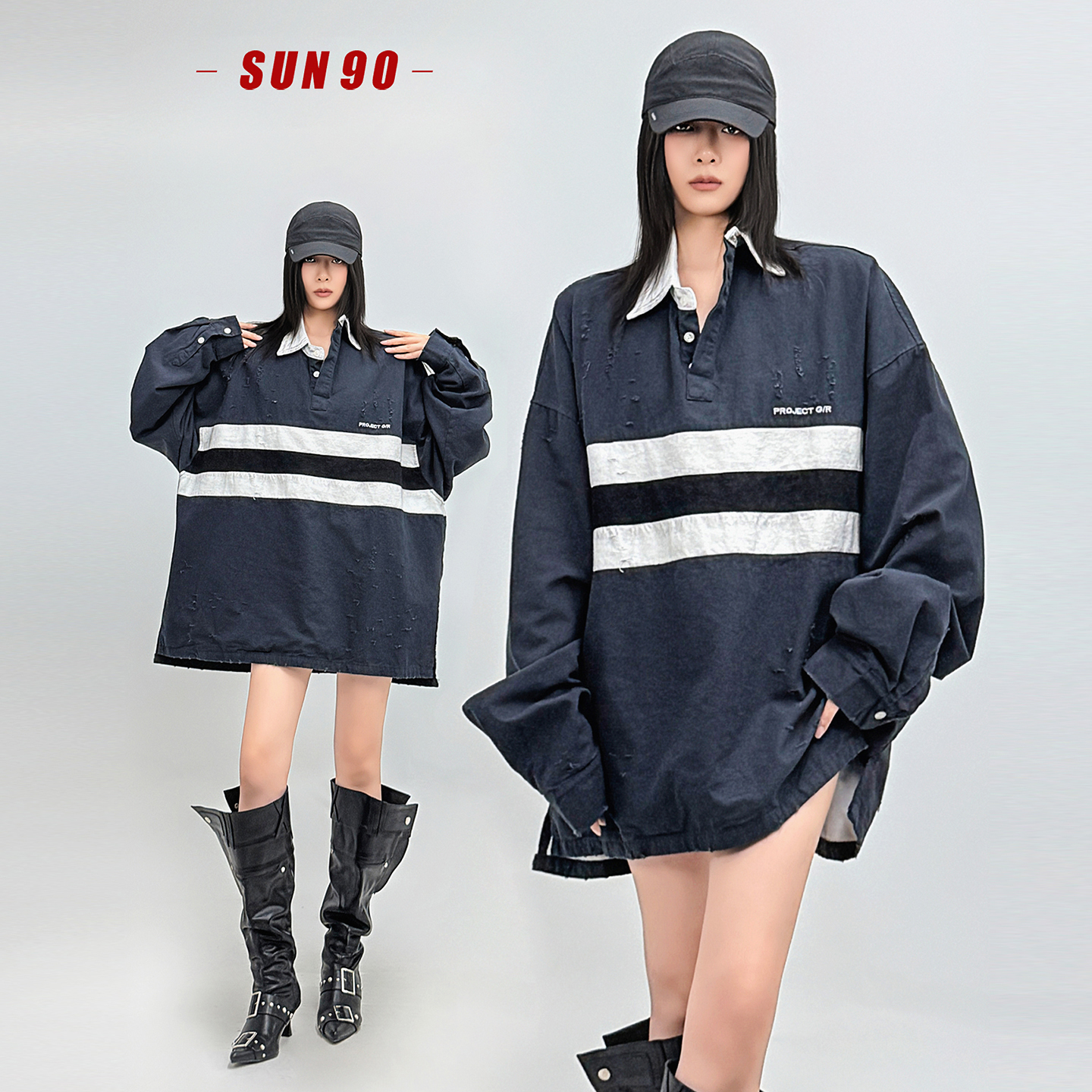 美式街头复古风不对称polo领卫衣