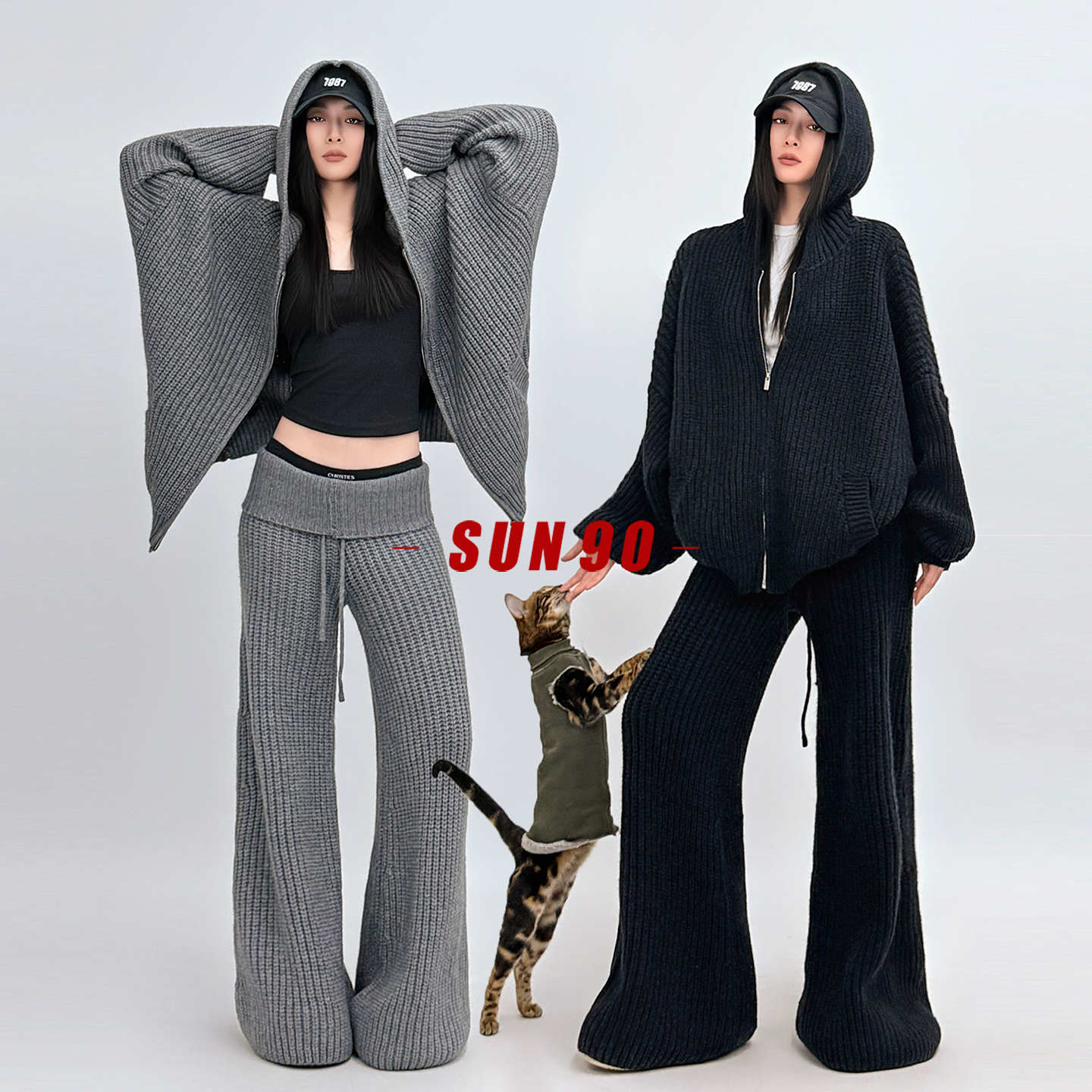 SUN90 复古巫师帽拉链毛衣套装女松弛感修身针织马蹄裤穿搭两件套