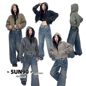 SUN90美式 复古连帽早春卫衣女宽松甜辣风古着加厚短款 拉链短外套