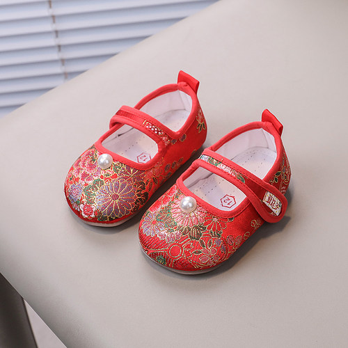 女宝宝周岁鞋子抓周红色汉服鞋