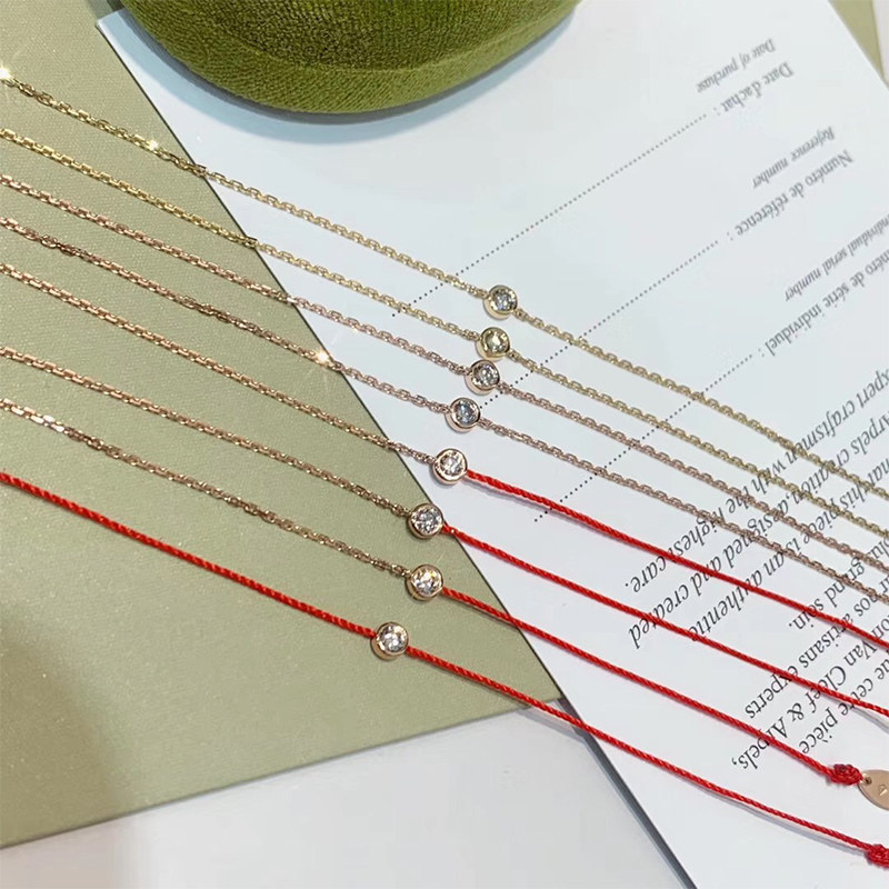 法国小红绳10分真钻石手链单钻18k金新年本命年转运手绳情侣手链