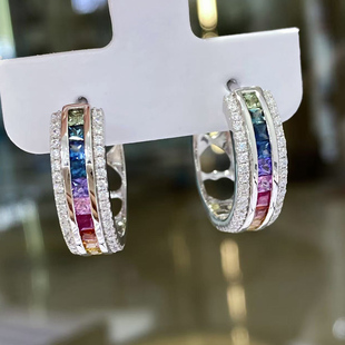 低调 排戒戒指耳钉珠宝 高级天然蓝宝石耳圈纯银镶嵌百搭款