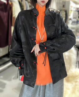 春季新款 新中式真丝桑蚕丝压皱提花红色流苏盘扣衬衫上衣外套女