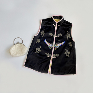 秋季新款 中式复古老缎子蝴蝶刺绣花双滚边背心棉马甲上衣女
