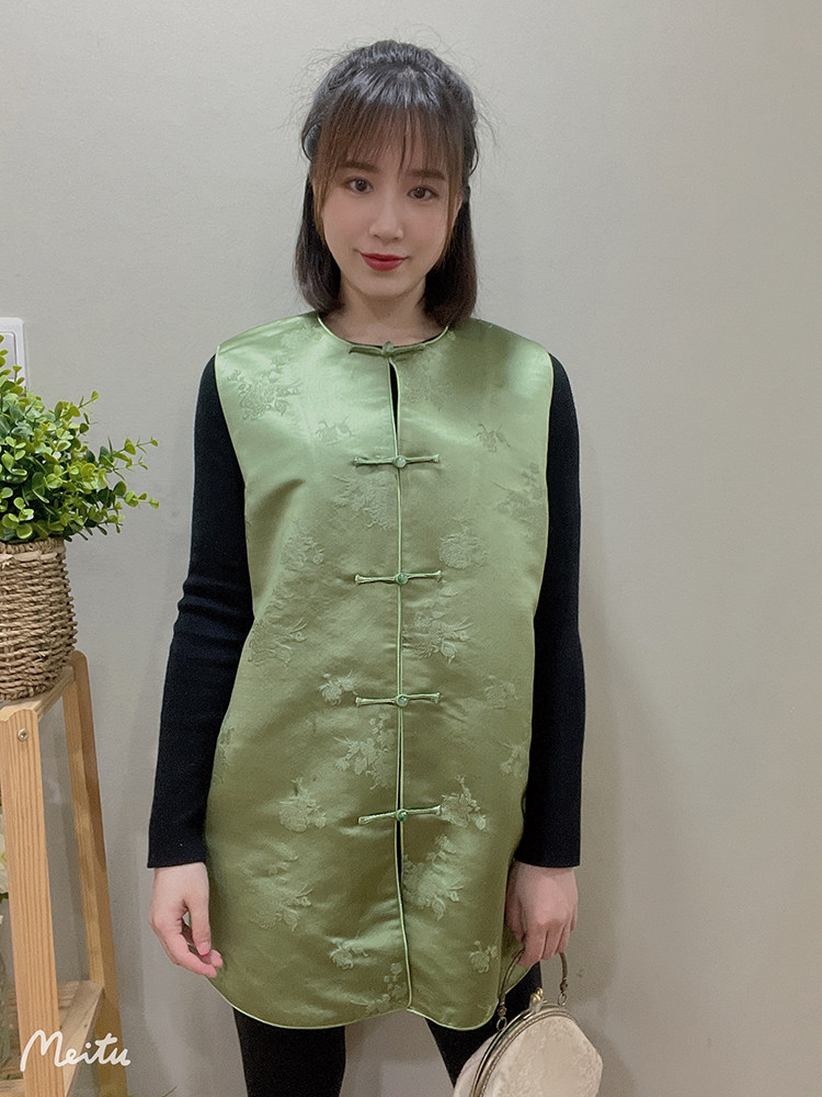真丝背心无袖圆领开衫棉马甲上衣