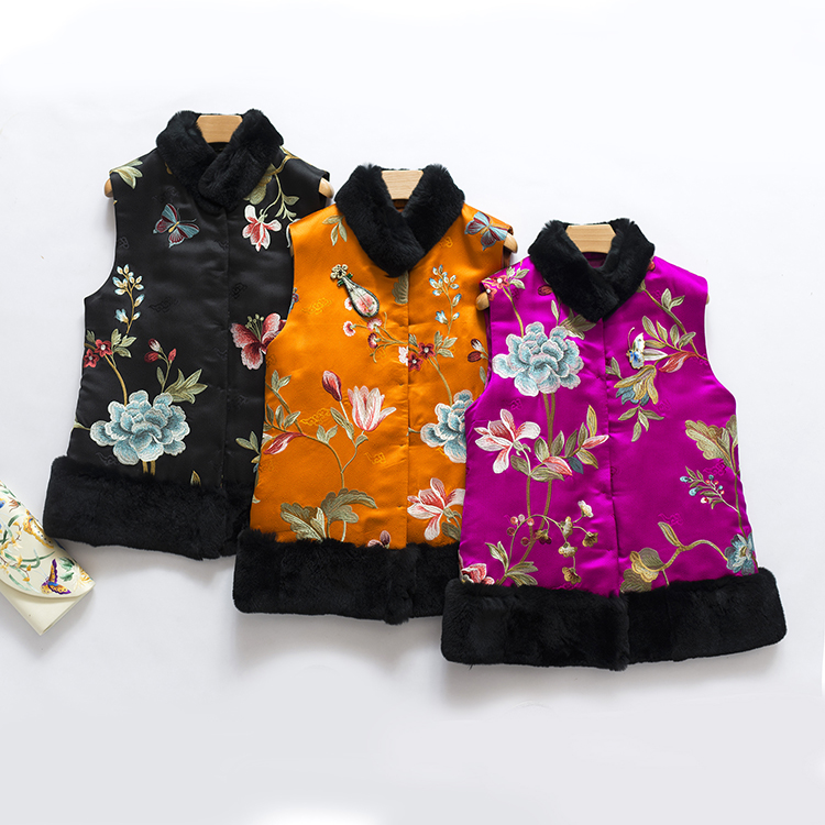 重工制作 精美绣花中式宽毛边开襟A型棉马甲冬季真丝马夹背心女