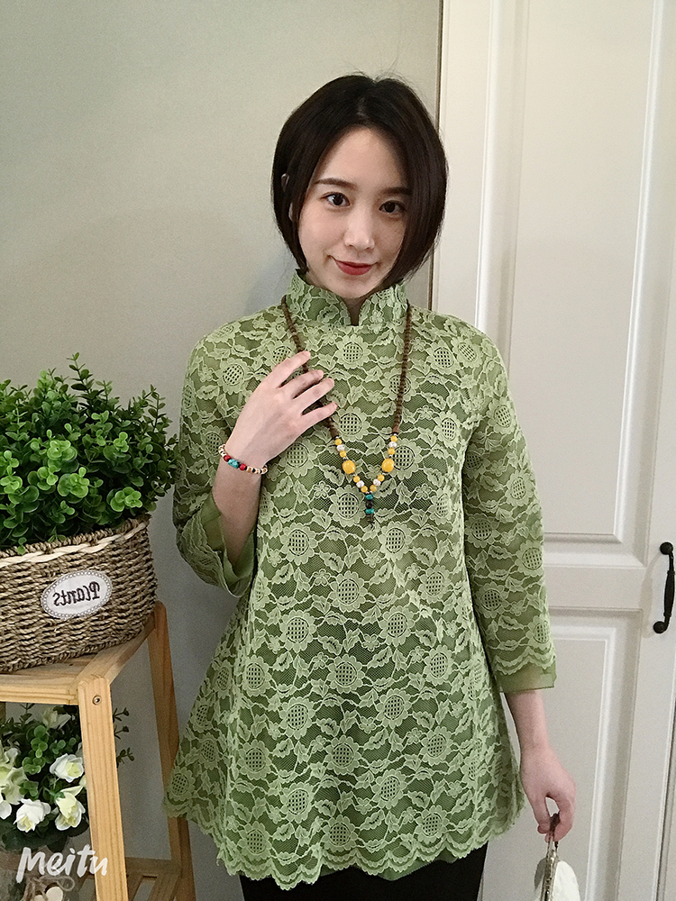清新优雅脱俗 新中式复古芥末绿进口蕾丝斜襟旗袍中长款上衣女