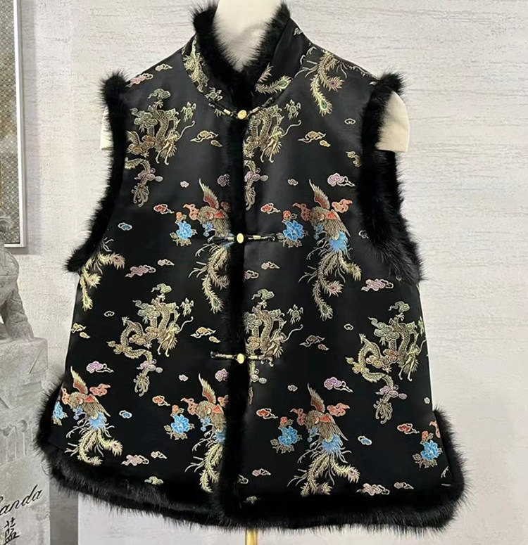 复古唐装 秋冬新款中式水貂毛真丝织锦缎背心棉马甲女打底百搭