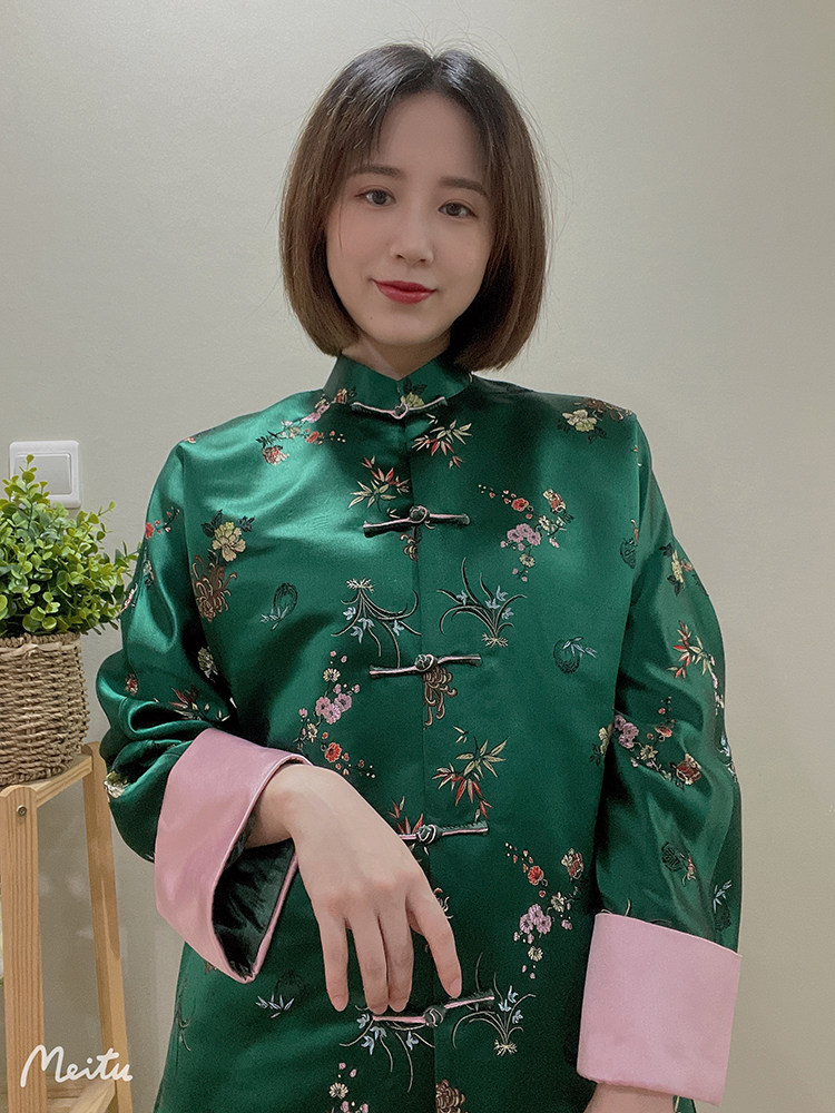 对襟上衣扣立袖口拼接撞色外套