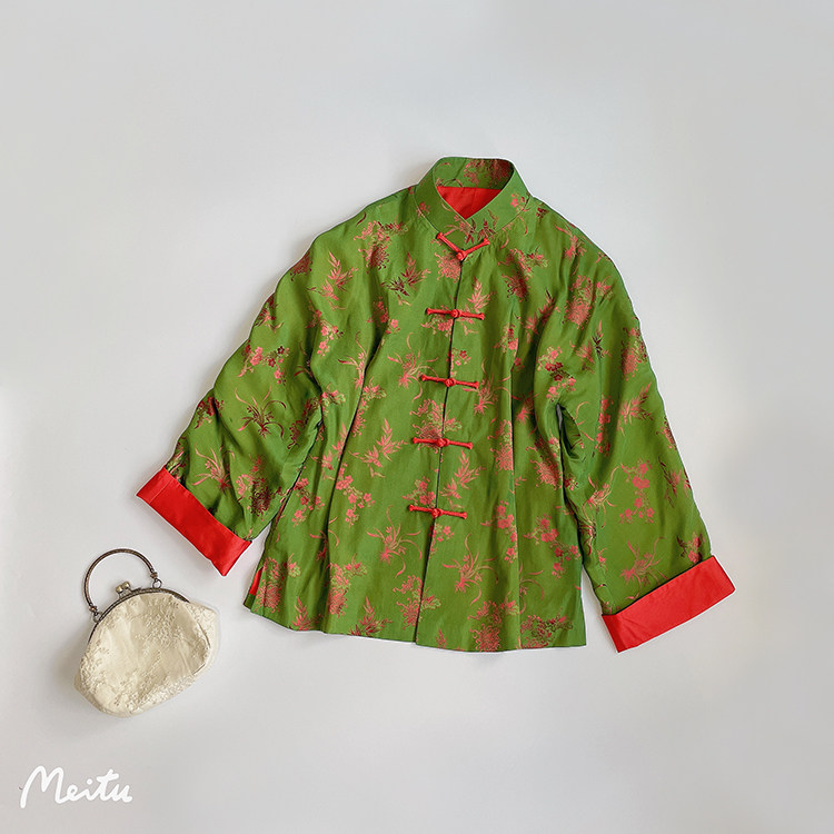 初秋新款 中式复古真丝宽松撞色橘绿对襟盘扣上衣外套唐装女