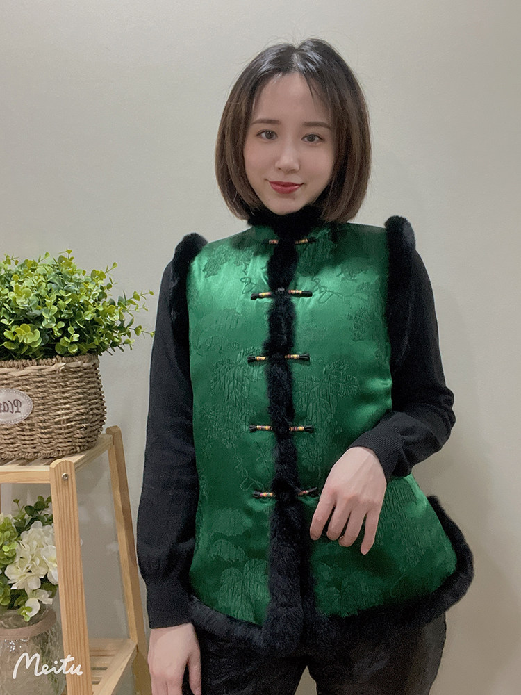 复古唐装 新中式真丝提花桑蚕丝濑兔毛盘扣短款旗袍背心棉马甲女