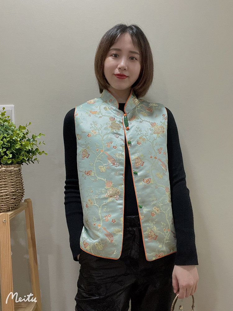 高贵百搭 新中式复古真丝织锦缎玉扣开襟短款背心唐装马甲上衣棉
