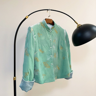稀缺薄荷绿 秋冬复古中式真丝丝绒刺绣开衫棉衣上衣外套女