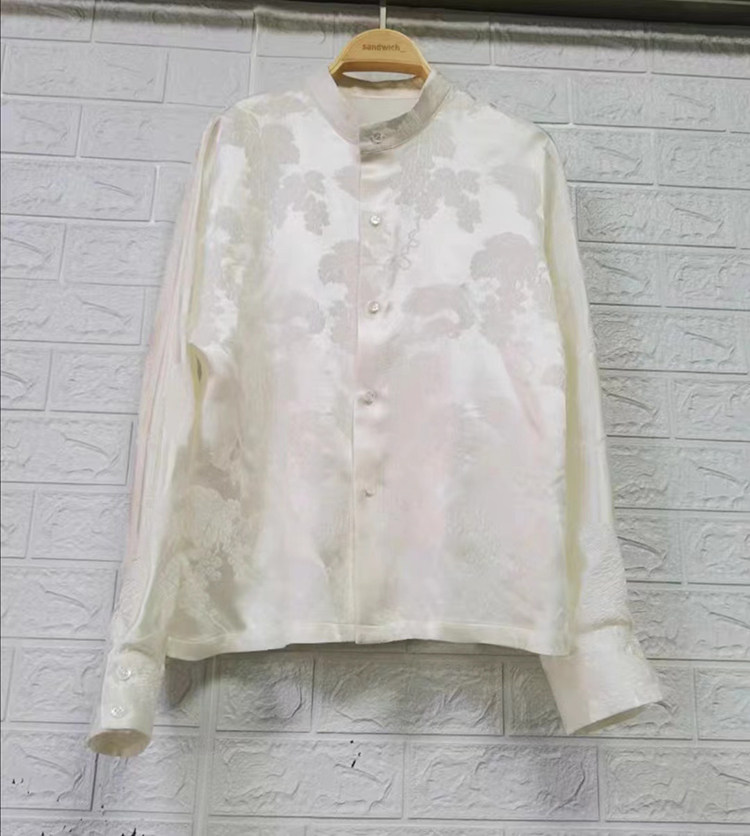 春夏新款 真丝桑蚕丝提花缎立领衬衫长袖简约打底长衫上衣女
