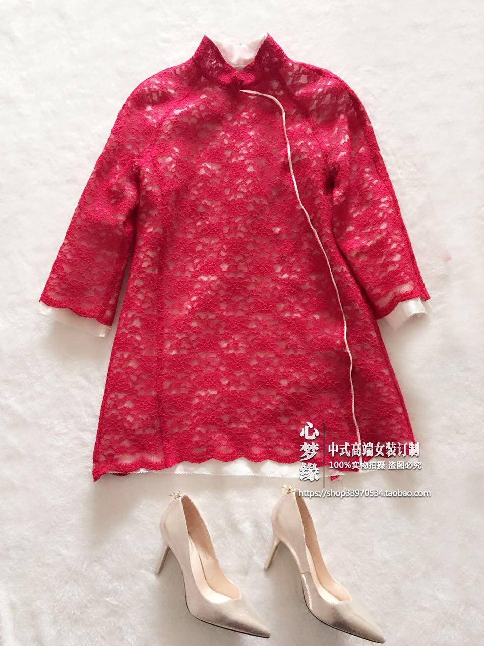 春夏新款 中式蕾丝镂空真丝欧根缎假两件改良旗袍裙上衣礼服裙